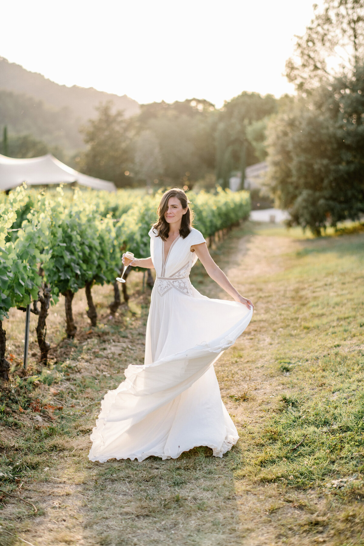 bride in  margaux tardits wedding dress at vineyard of bastide de marie