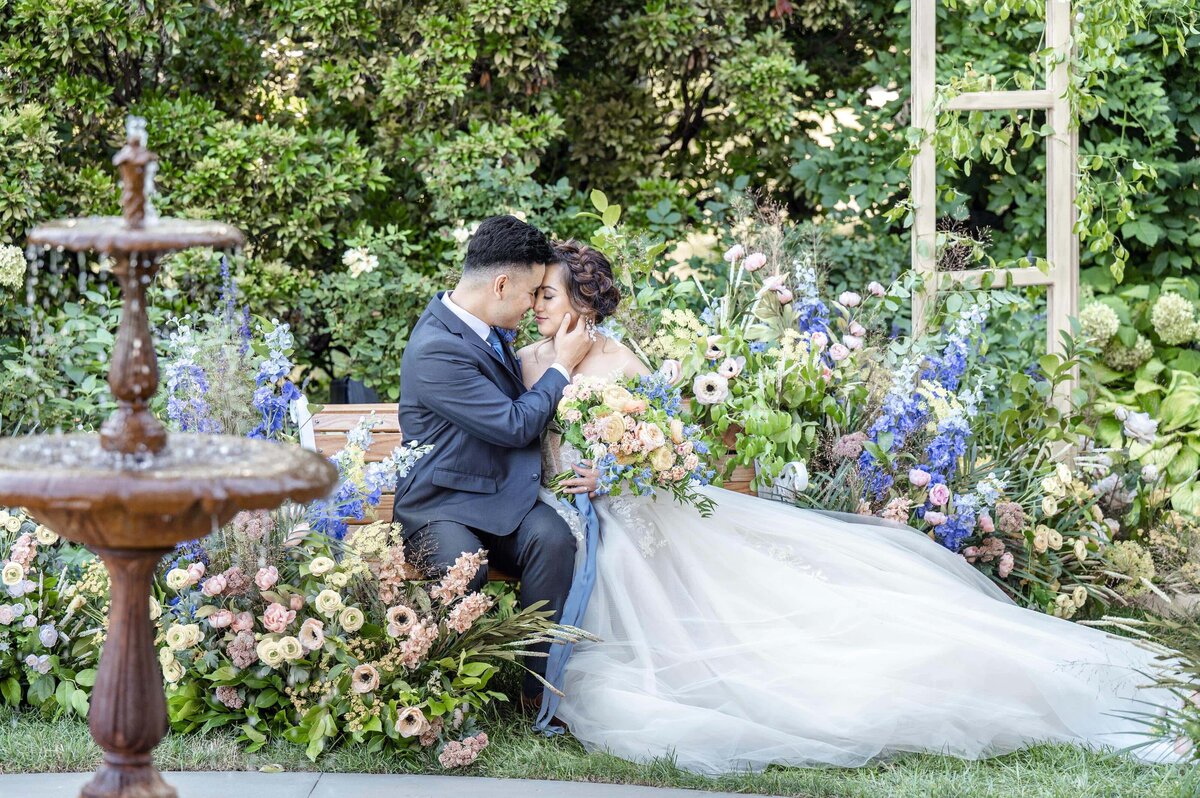 Bride and groom in garden