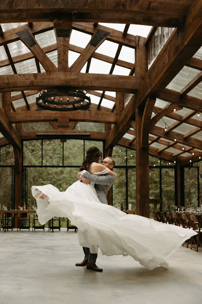 Wedding reception at The Valley Weddings, a rustic and majestic wedding venue in Westerose, Alberta, featured on the Brontë Bride Vendor Guide.