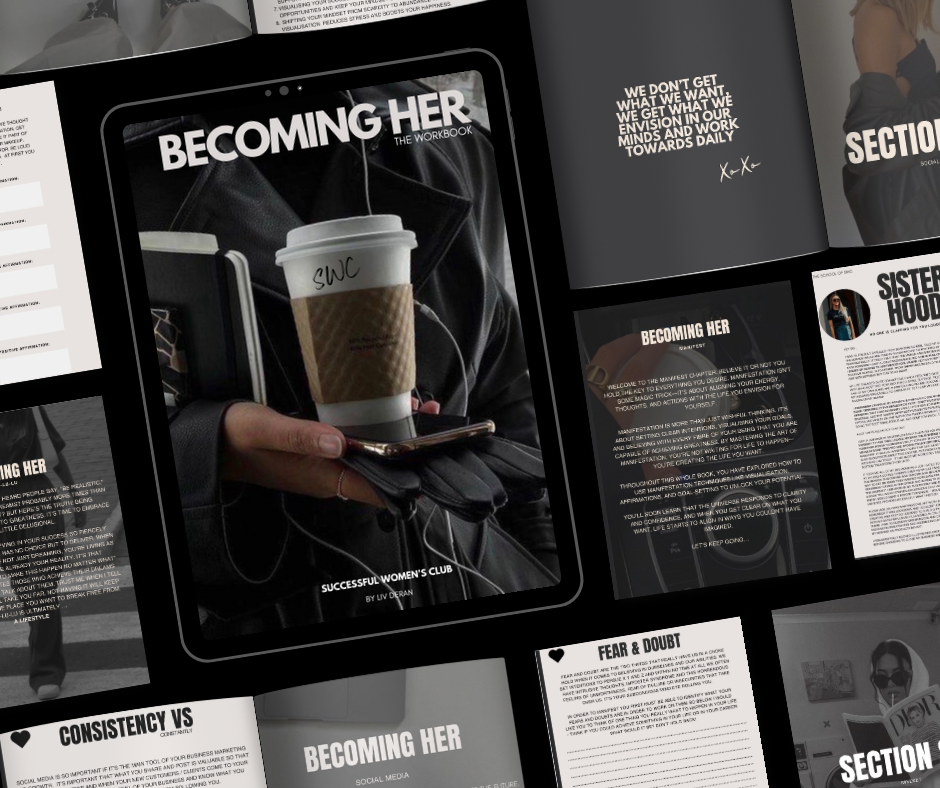 mockup showing the Becoming Her workbook cover and a handful of pages from the author - Liv Deran, founder of Successful Women's club