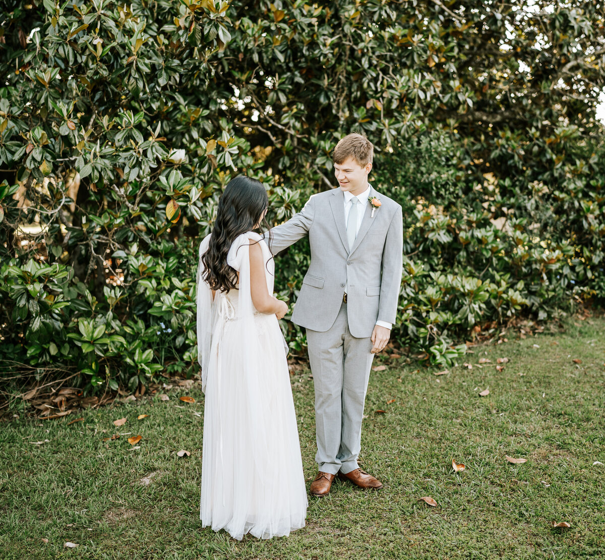 Bride Groom Magnolia Tree First Look