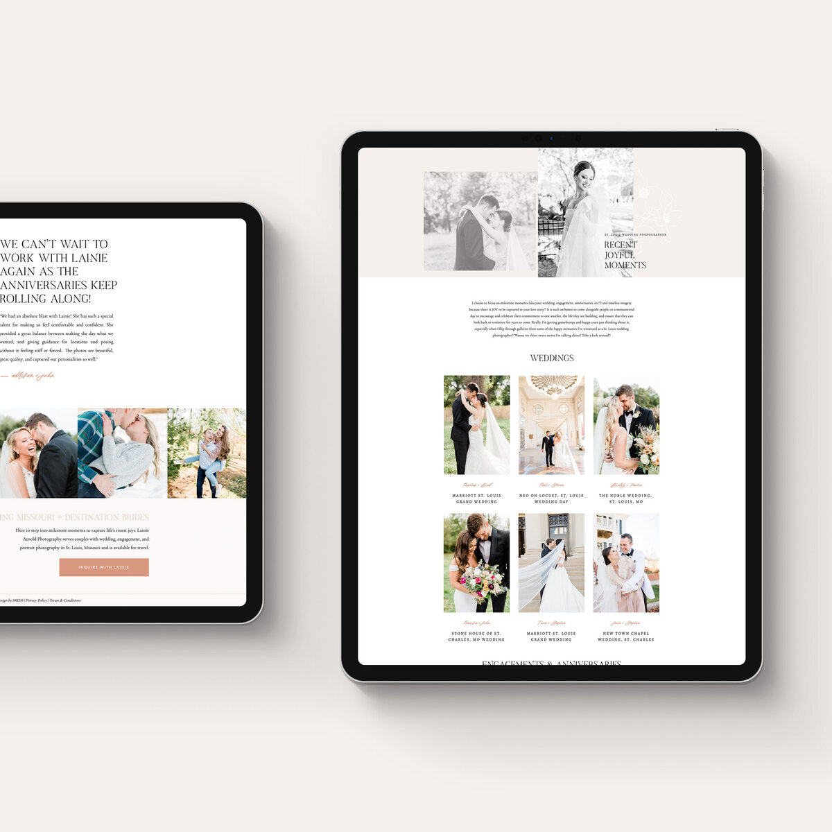 a mockup of a romantic website for a wedding photographer