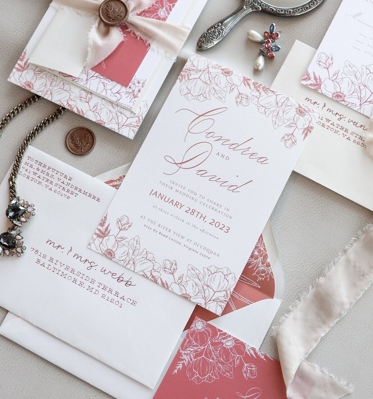 pink and white wedding invitation suite by Nashville Wedding Photographer Amanda Richardson Photography