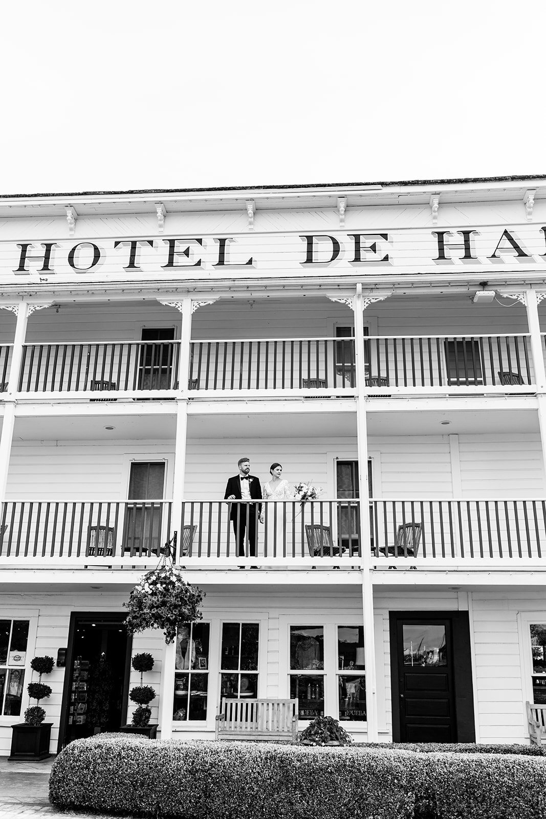 Bride and Groom Portrait in front of Hotel de Haro at Roche Harbor Resort
