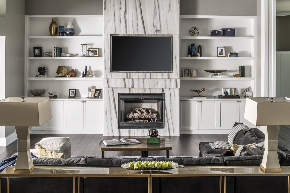 Elegant White TV Unit with Fireplace + Wall Shelves