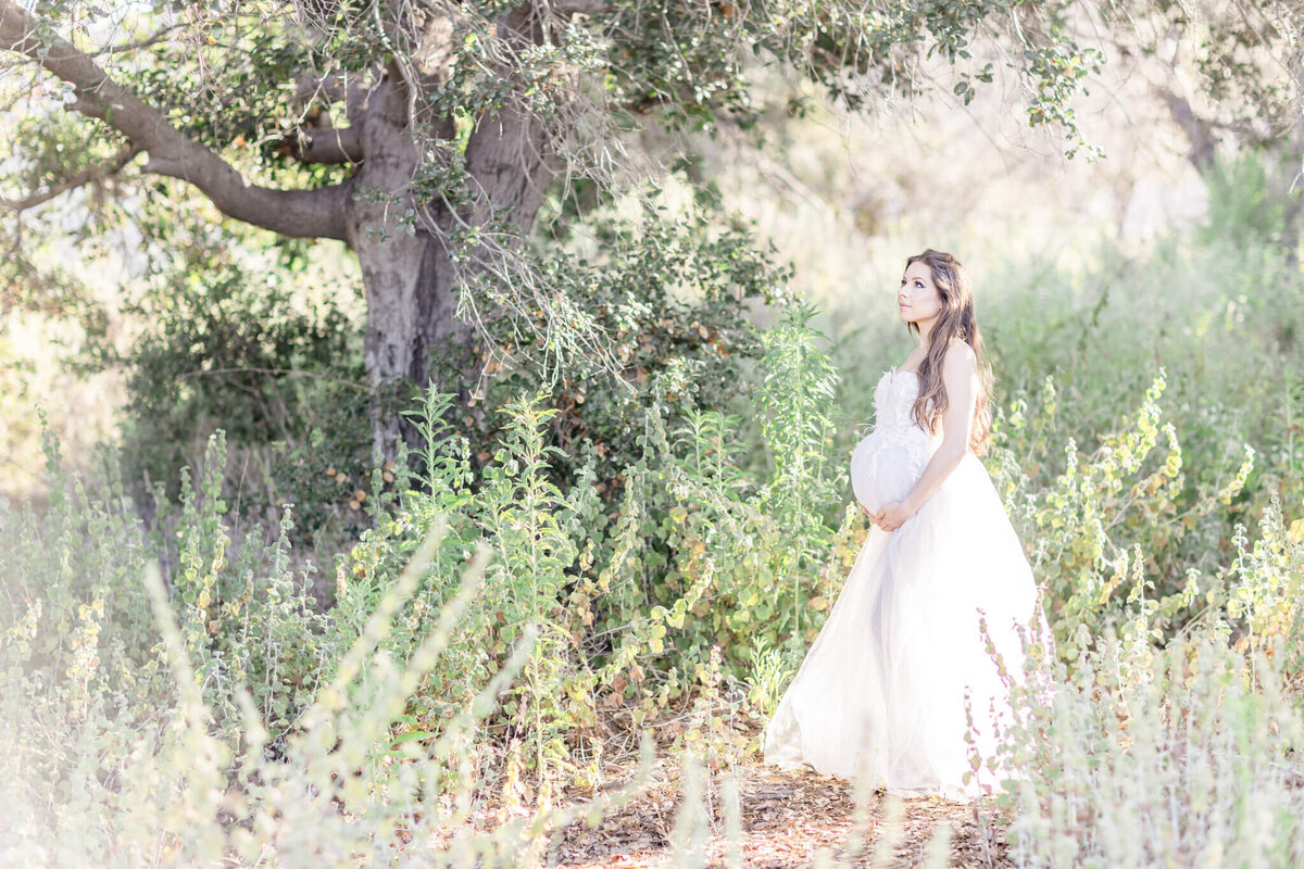 A pregnant woman with long, brown hair wearing a white gown in a field of greenery and trees holding her belly.