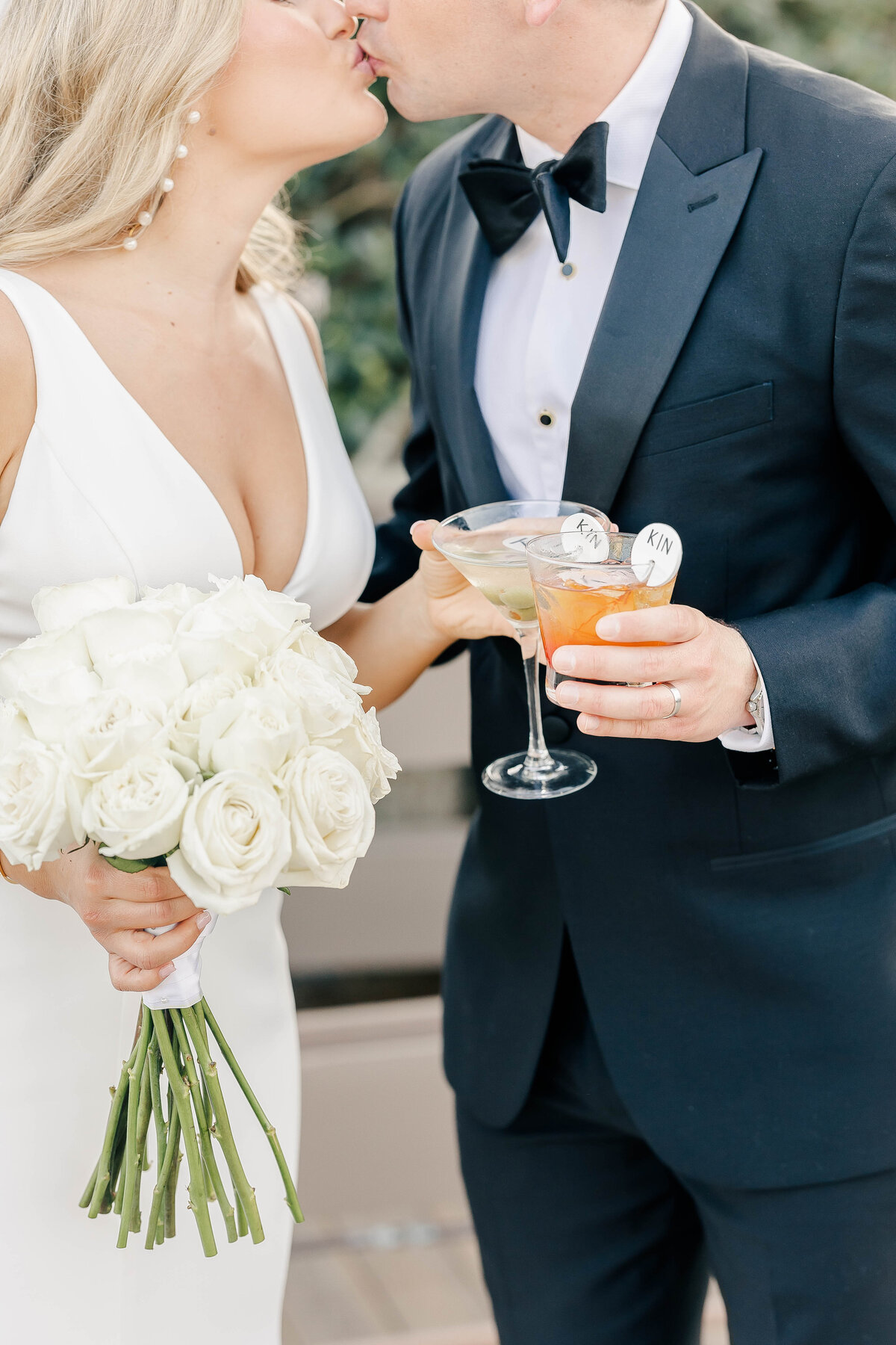 Bride & Groom - White Roses Bouquet |  Modern Wedding at Westin Hilton Head Island, SC Custom Cocktails | Coastal Floral & Events