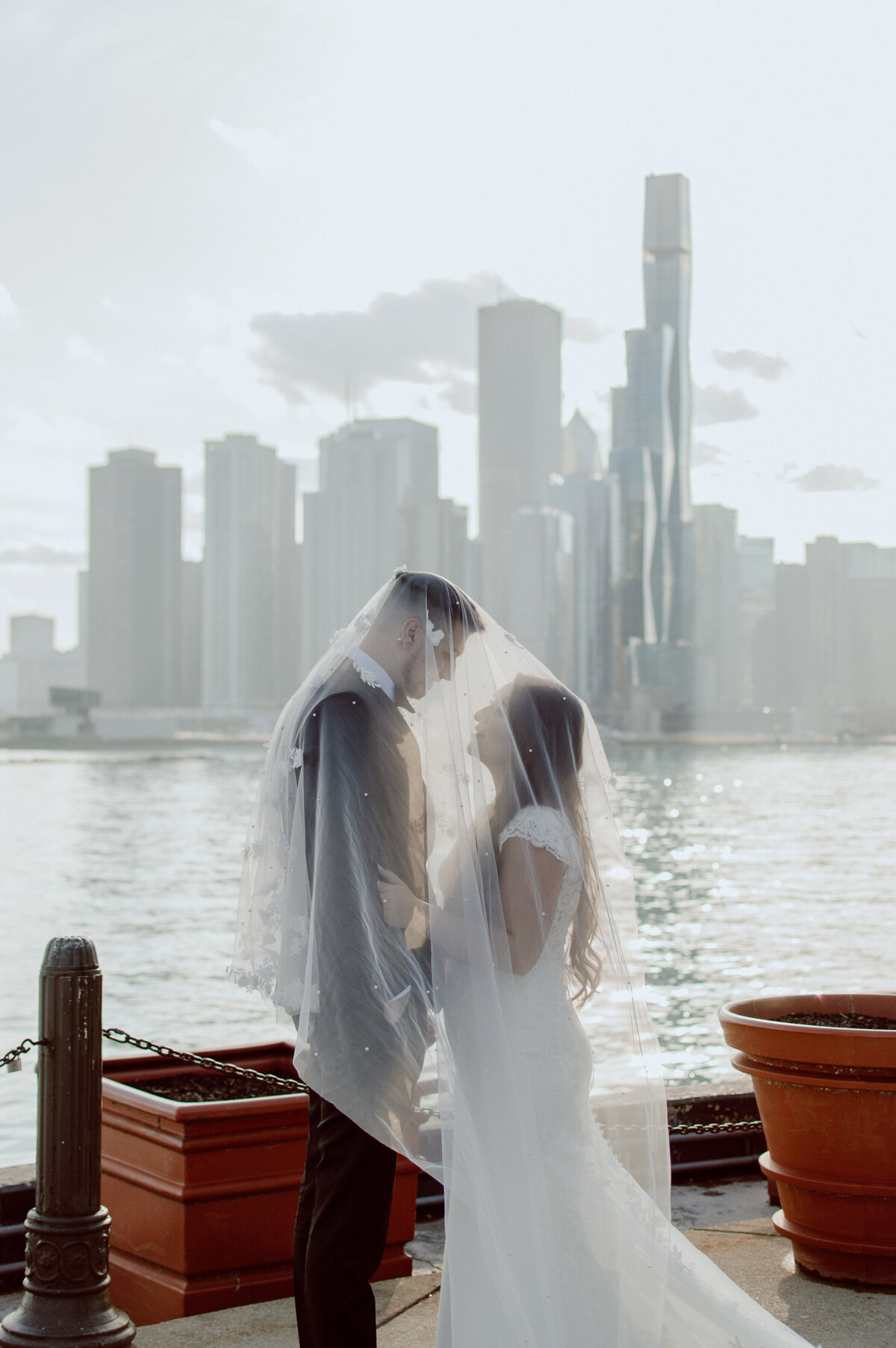 Bridal Portraits at Navy Pier with downtown Chicago in the background