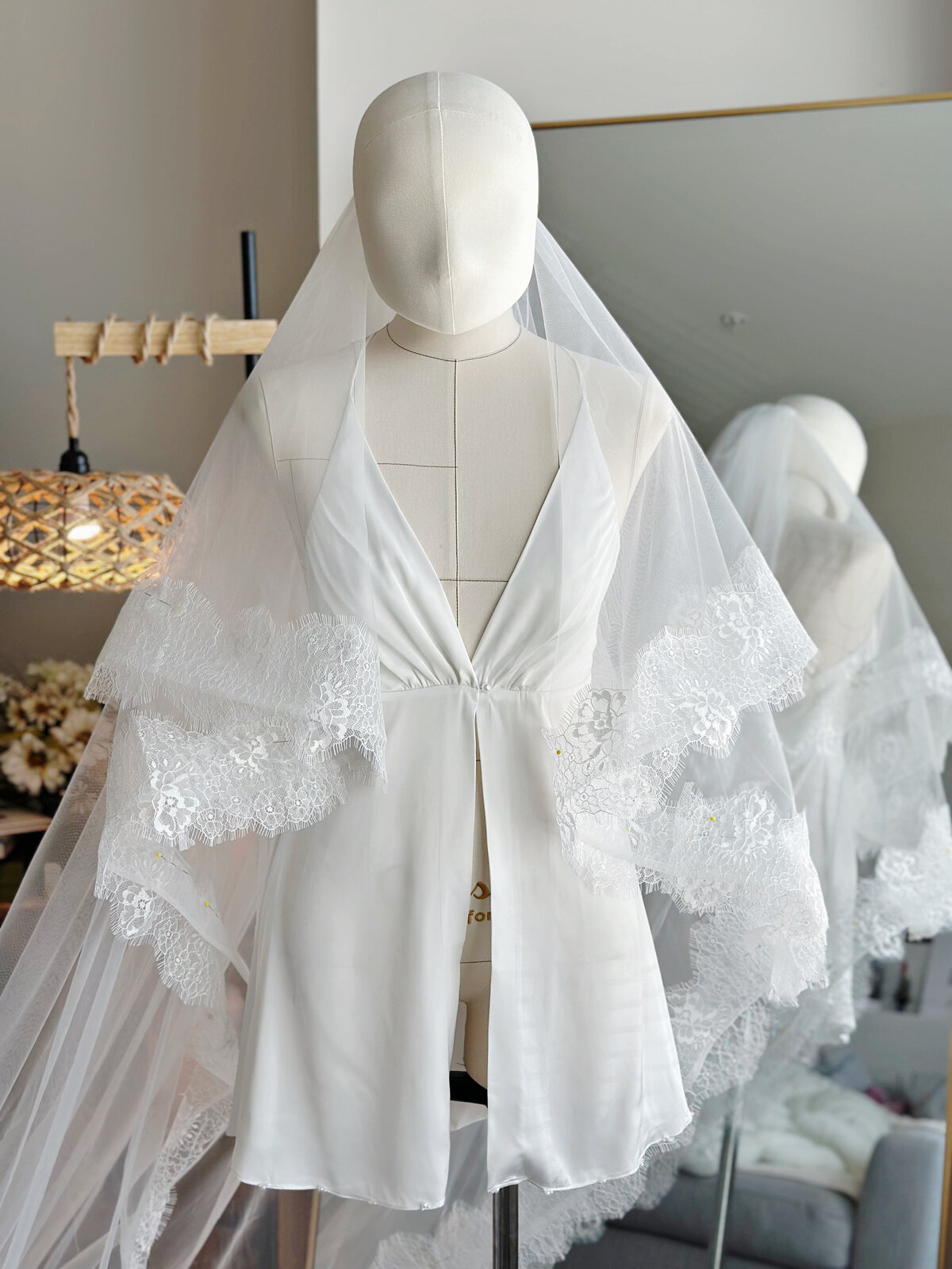 Ivory bridal blusher veil with delicate scalloped lace edge
