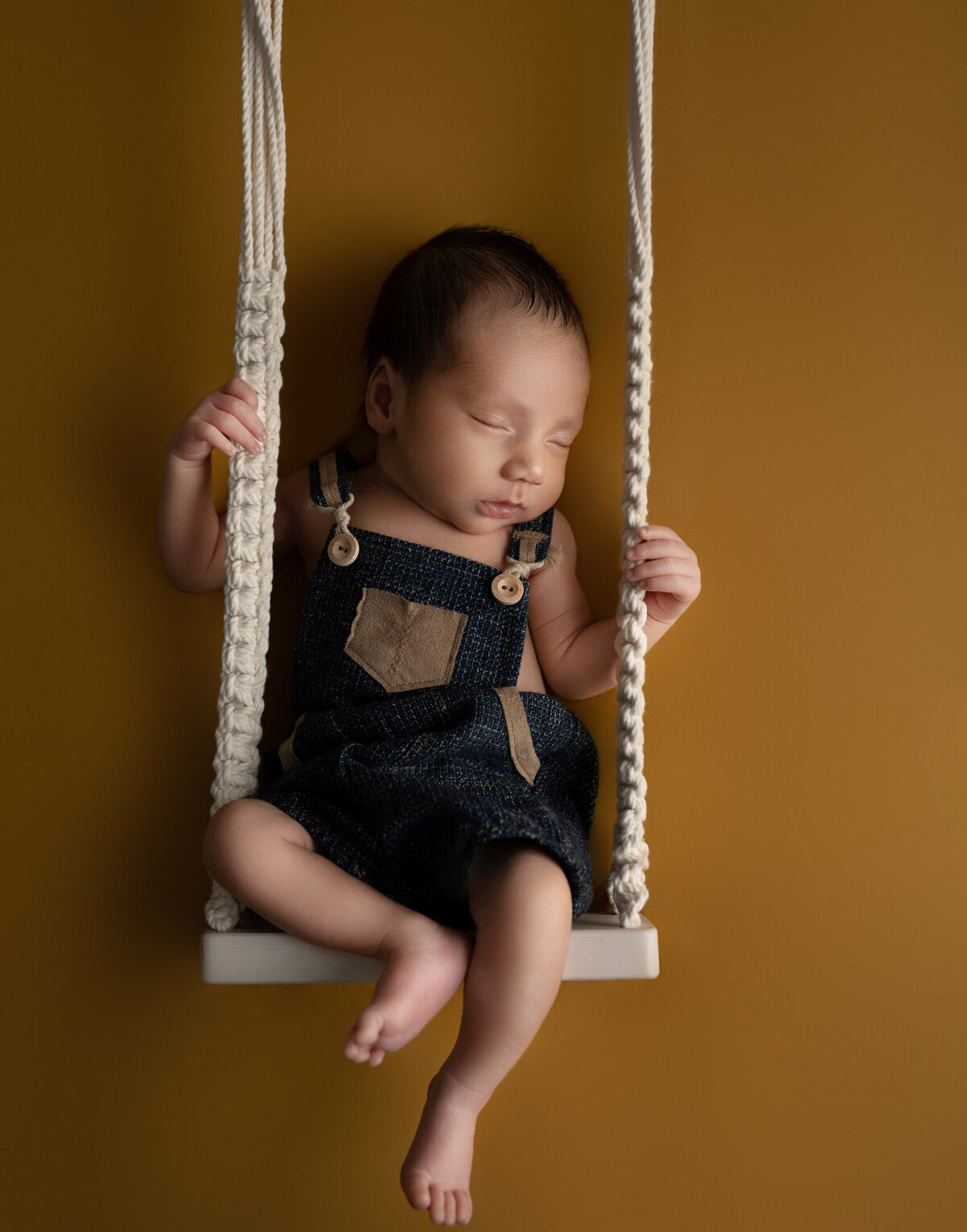 Newborn baby swing setup yellow backdrop Leander professional photographer 