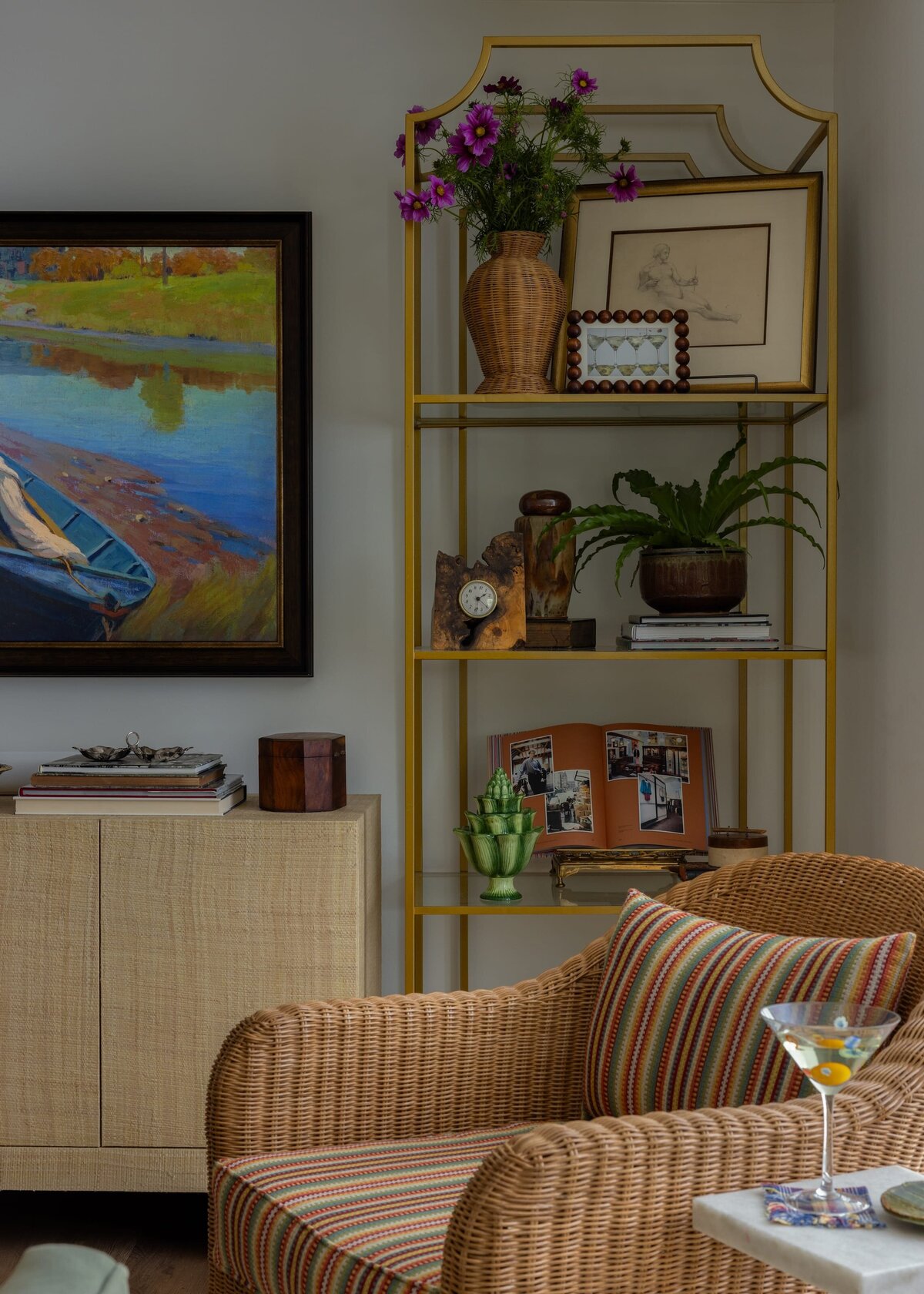 melinda chesson interiors poindexter living room styled gold framed shelf
