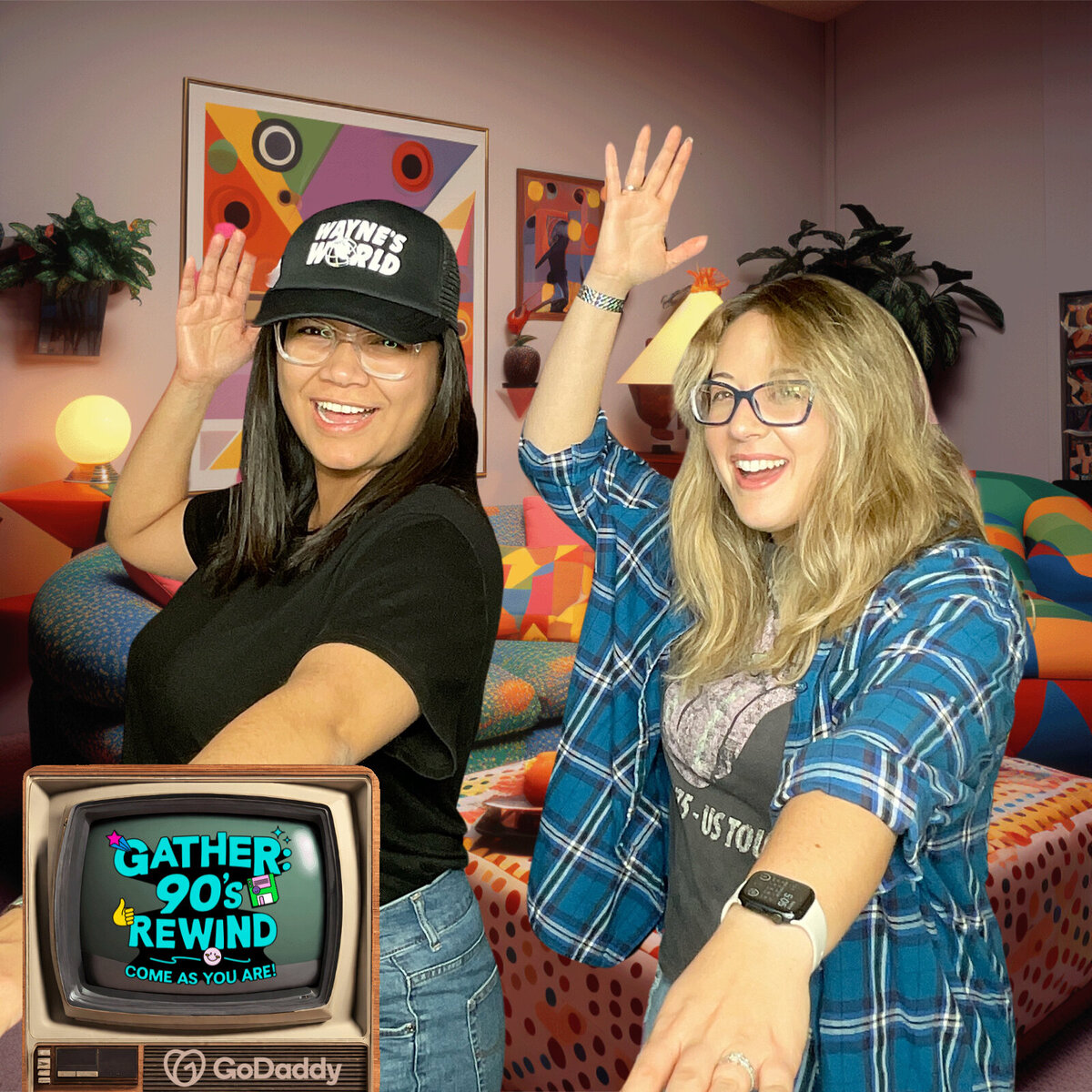 Two guests posing in a 90s-themed green screen photo booth with retro TV overlay at a GoDaddy corporate event in Arizona—created by MISGIF Photo Booth for a custom branded experience with a “Gather: 90s Rewind” theme.