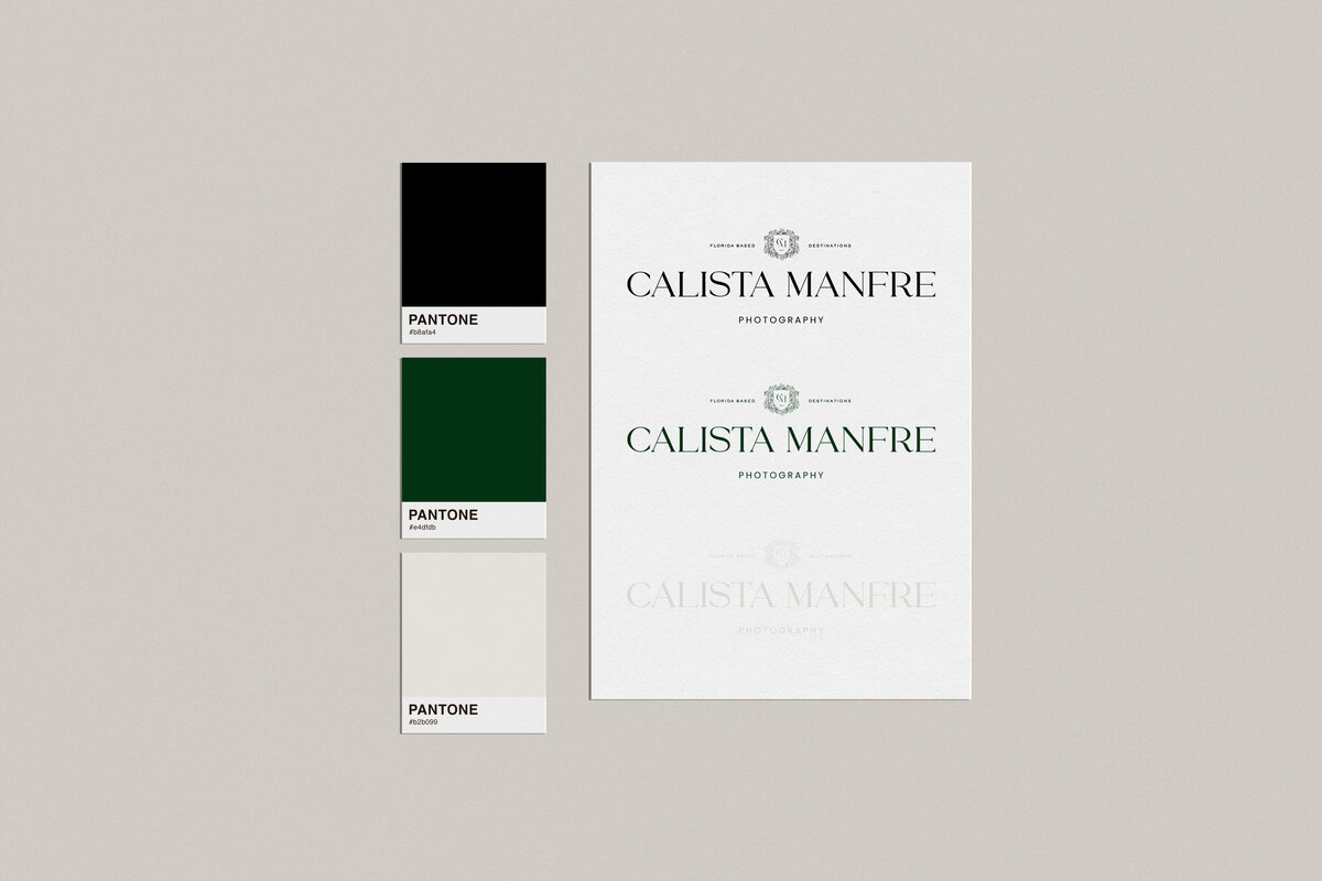 green, black, and neutral color swatches and logos on paper