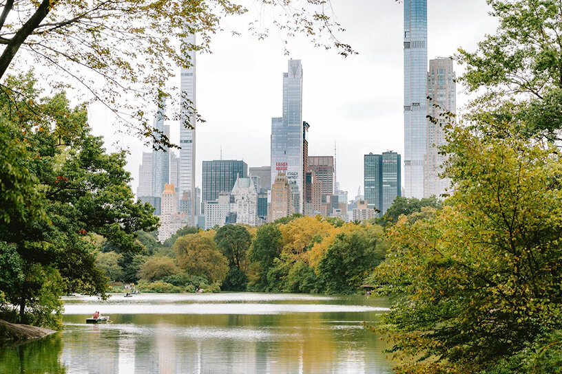 A serene lake framed by trees with a vibrant New York city skyline in the background, showcasing urban nature harmony.