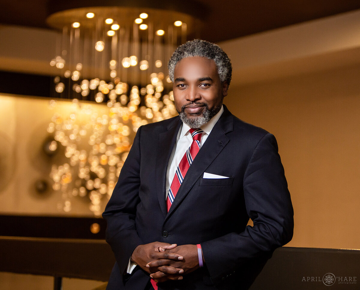 Classic Business Headshot Portrait in Hotel Lobby in Denver Colorado