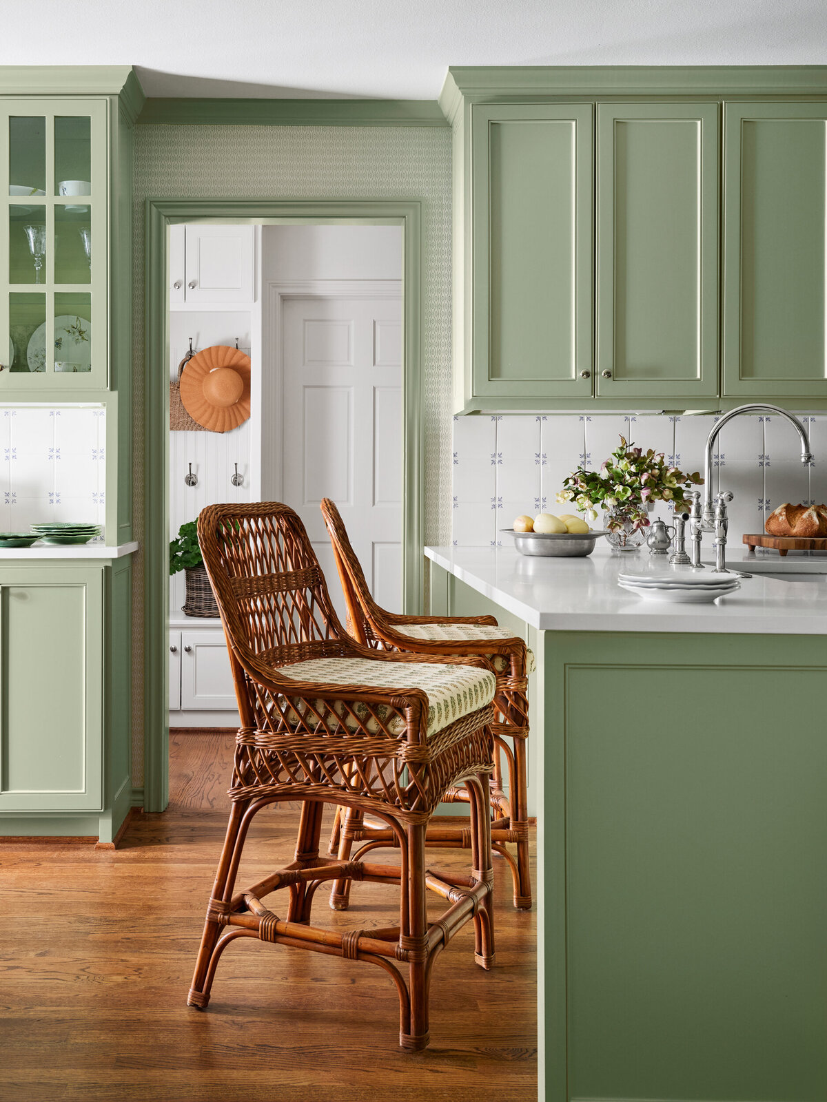 Woven Counter Height Stools, Green Cabinets