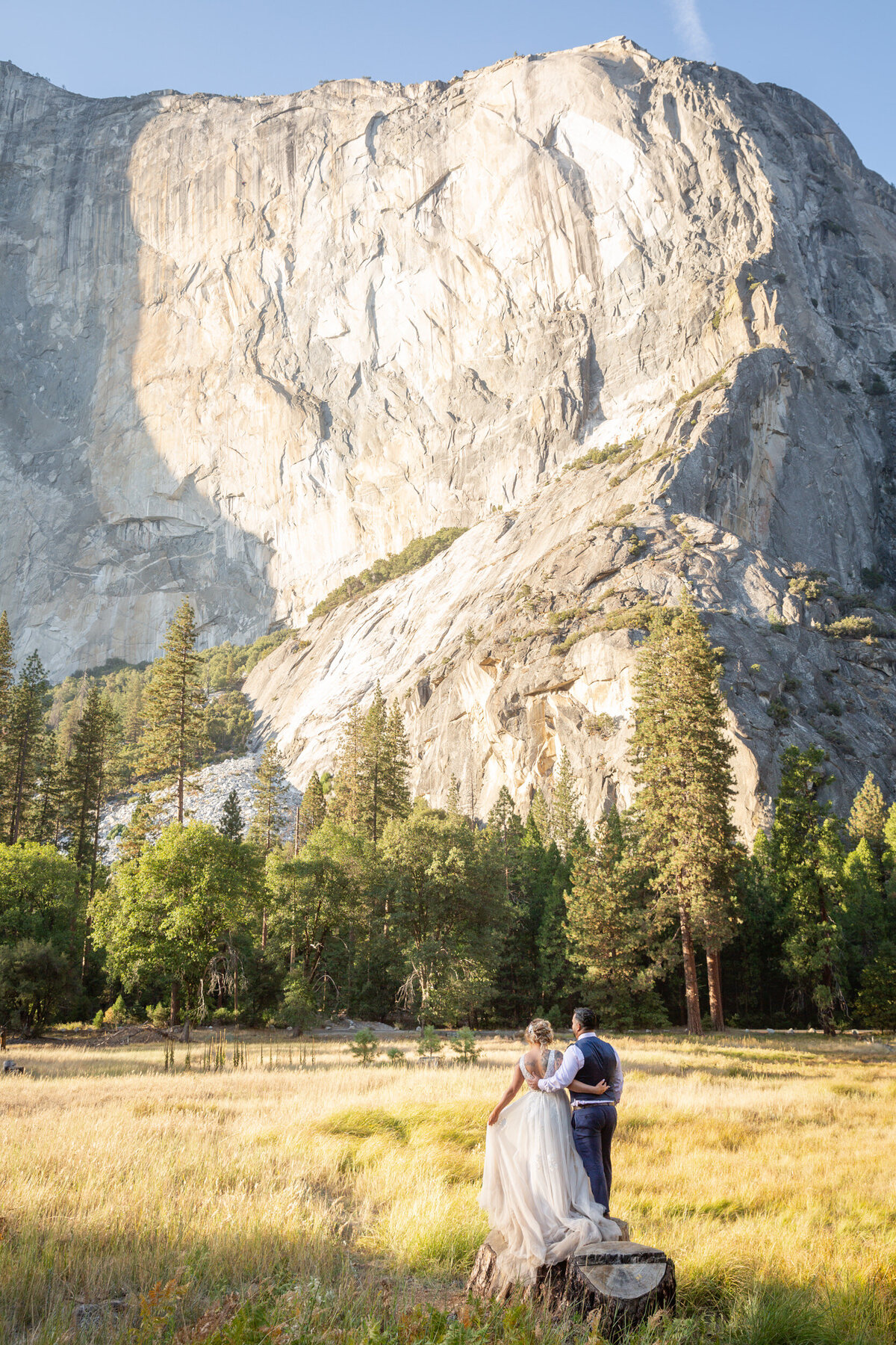 A bride and groom stand on a tree trunk in a meadow in Yosemite on their California elopement day.