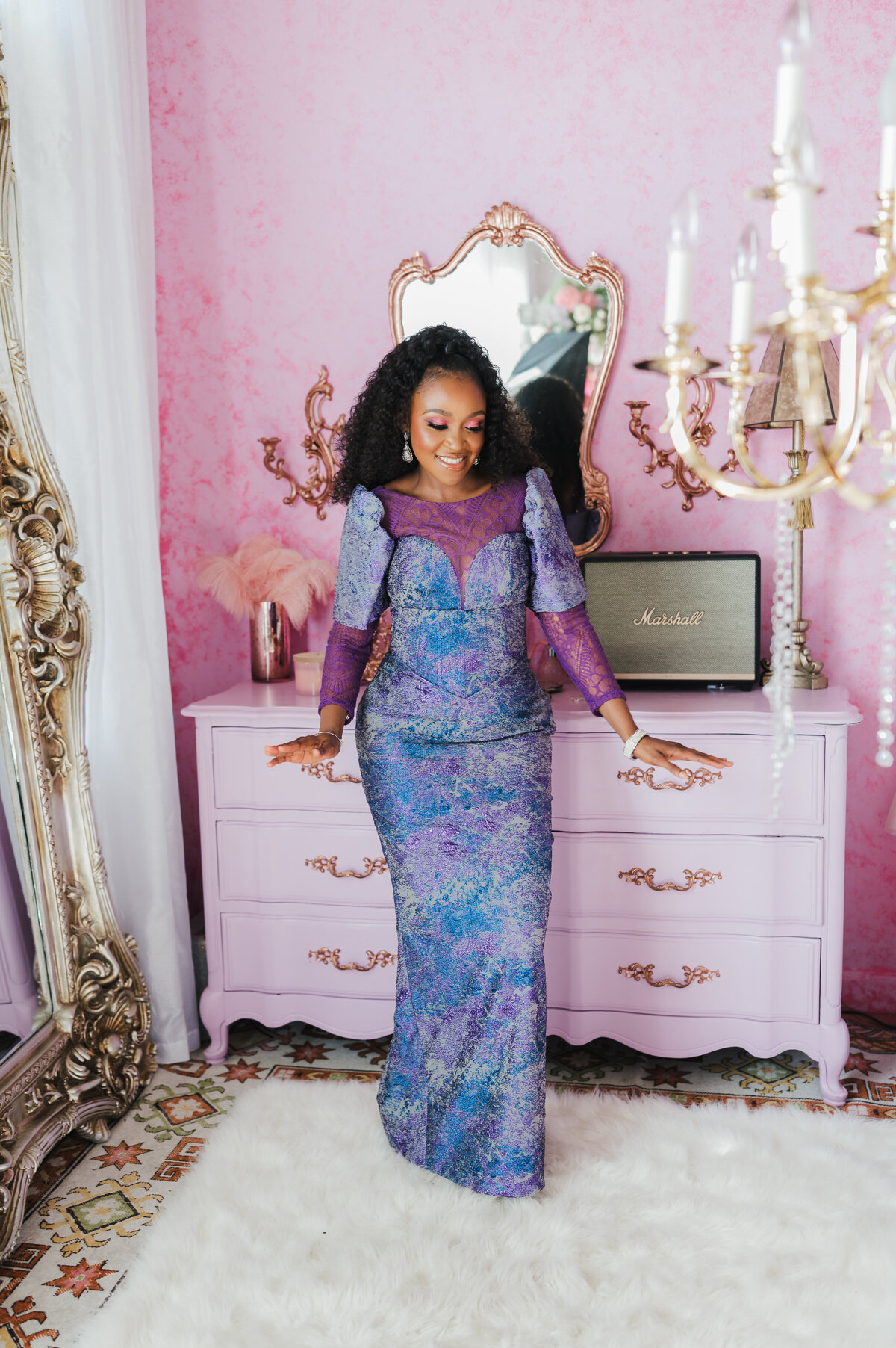black women in purple dress at pink studio dallas birthday portrait