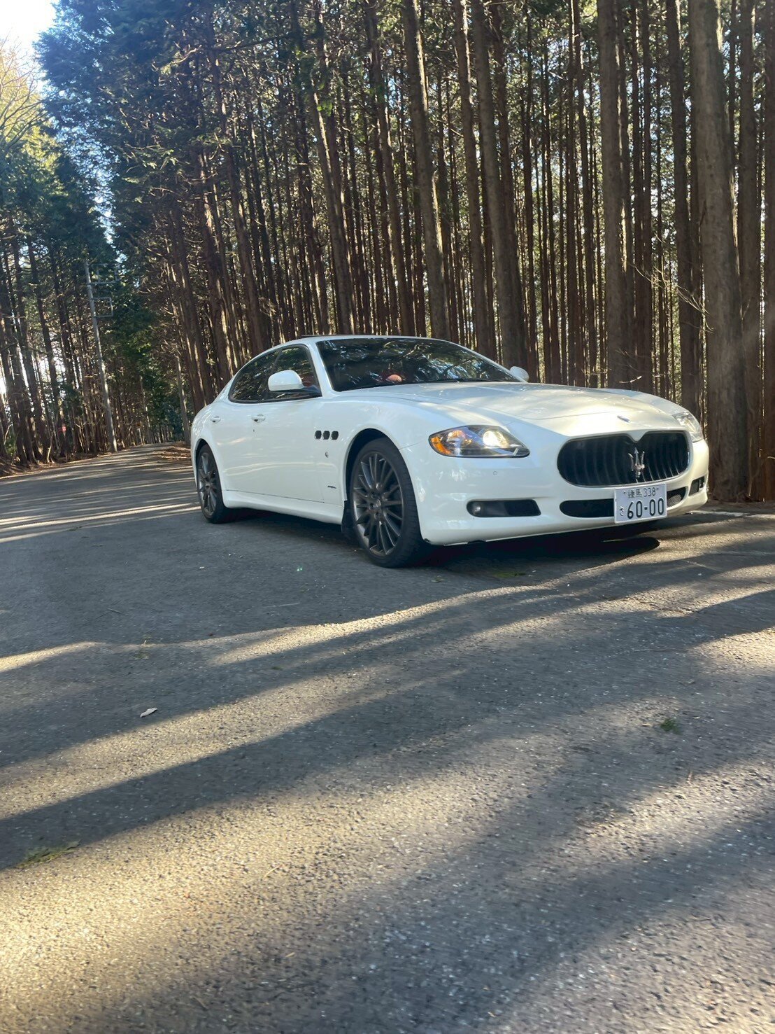 A white Maserati parked on a quiet forest road surrounded by tall trees, with soft shadows and natural lighting creating a serene, luxury aesthetic.