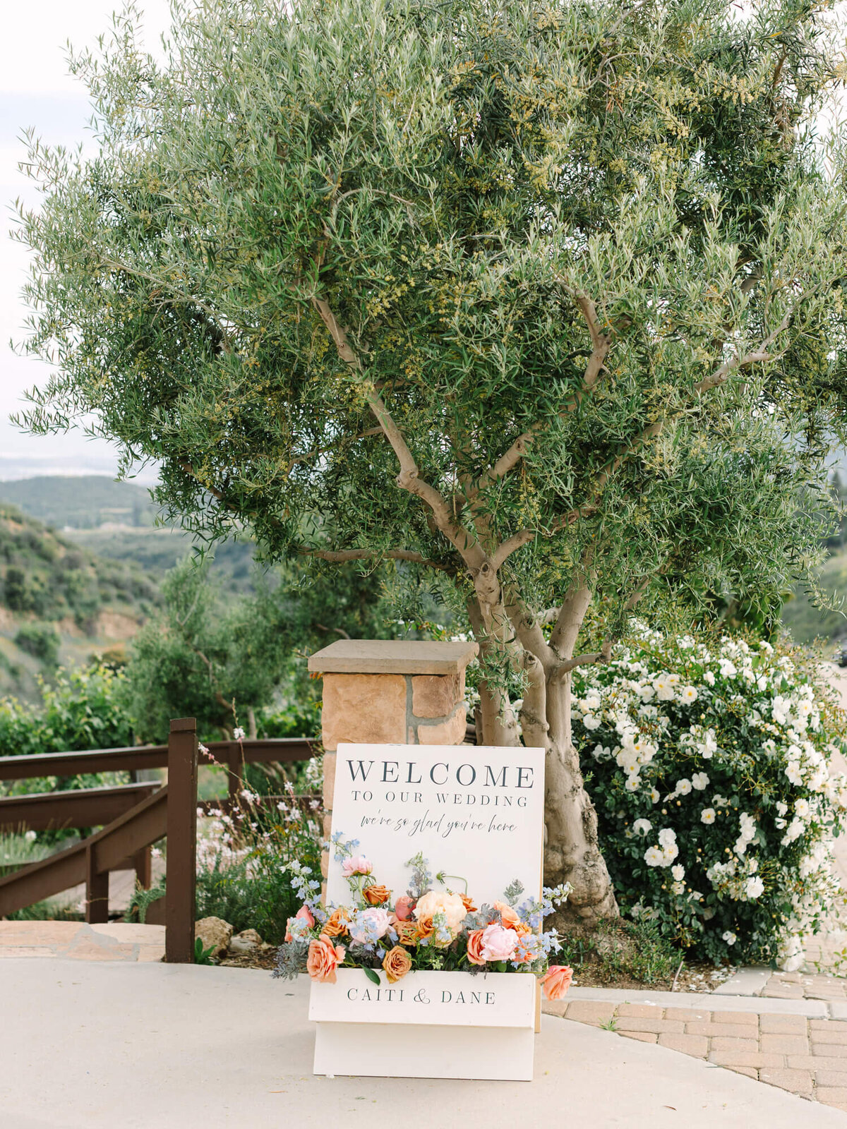 Wedding welcome sign with flowers in front of a lush tree and scenic background. The serene setting conveys warmth and celebration.