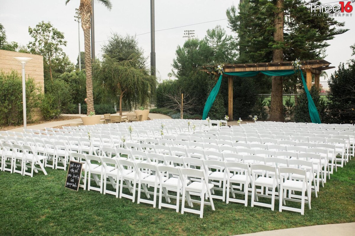 Outdoor wedding ceremony setup at the Fullerton Community Center