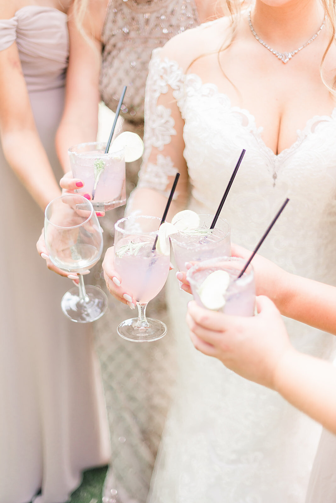 bridal party does a cheers with drinks