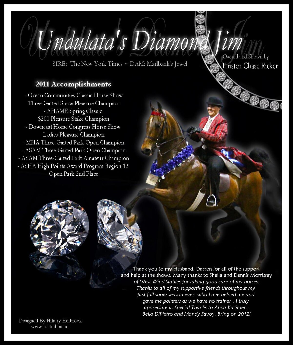 Advertisement for Kirsten Ricker showing her accomplishments and appreciation  with her American Saddlebred Horse