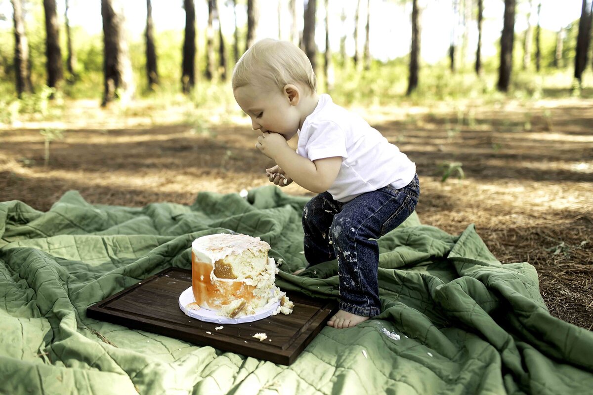Birthday boy in suspenders and overalls, gleefully smashing his birthday cake, surrounded by pine trees