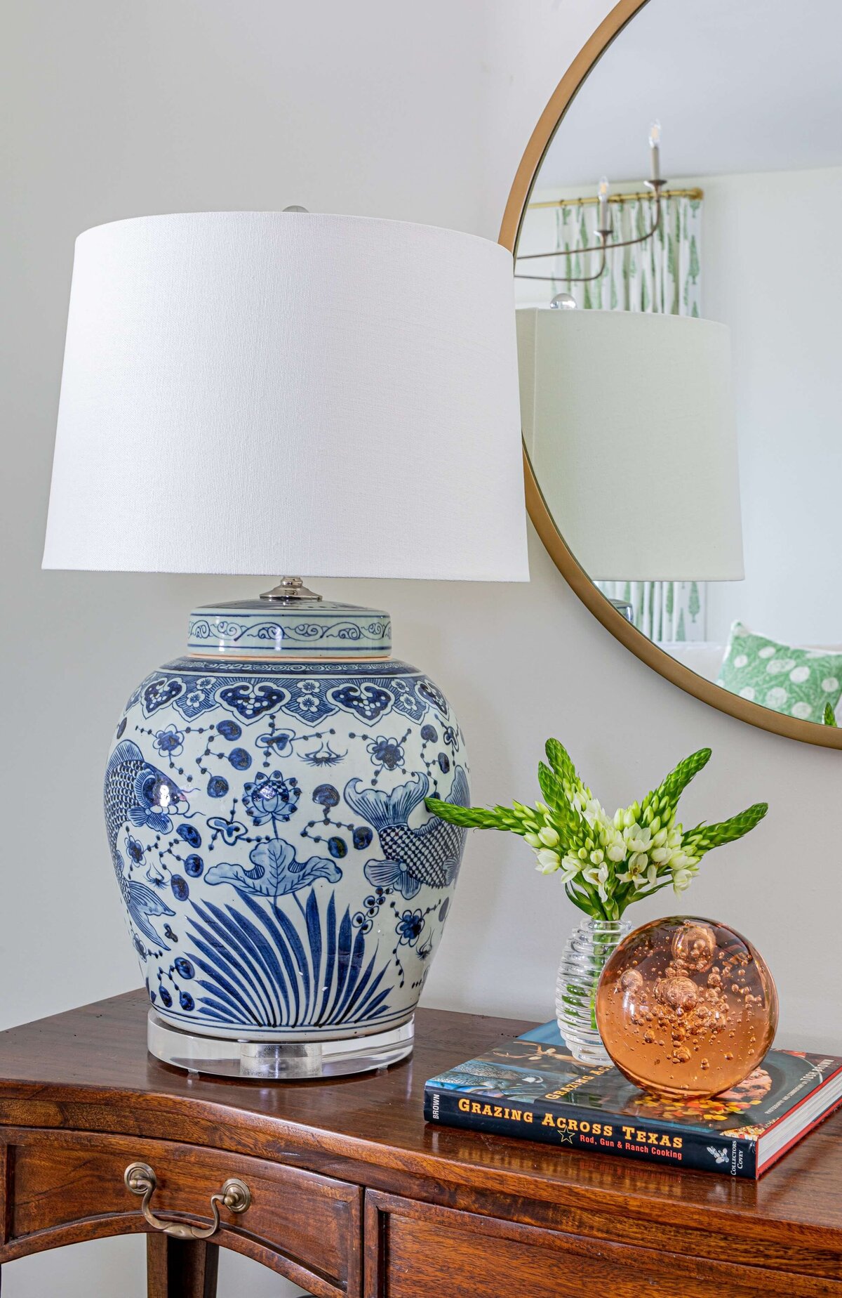 oyster creek studios highland park home oreintal lamp on wooden accent table in living room