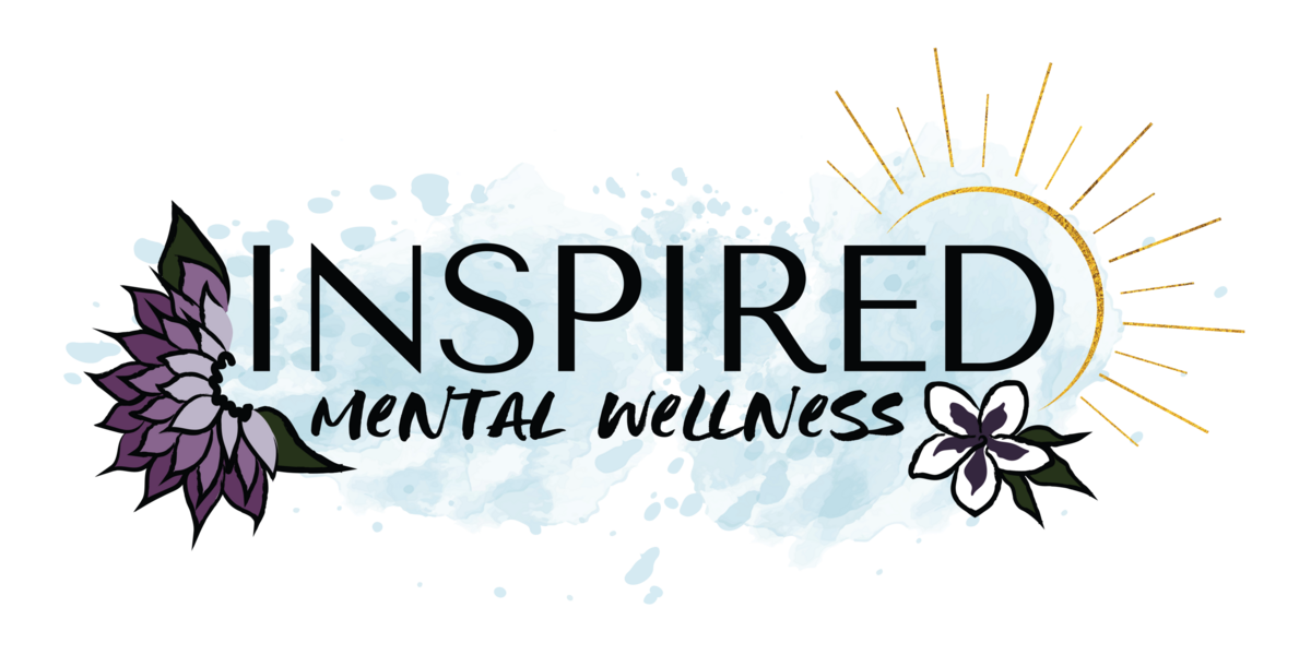 Inspired Mental Wellness Primary Logo, showing the words "Inspired Mental Wellness" with a purple dahlia framing the left, and a gold sun framing the right side of the words, with a white and purple frangipani beneath it. The logo has a light blue watercolor background.