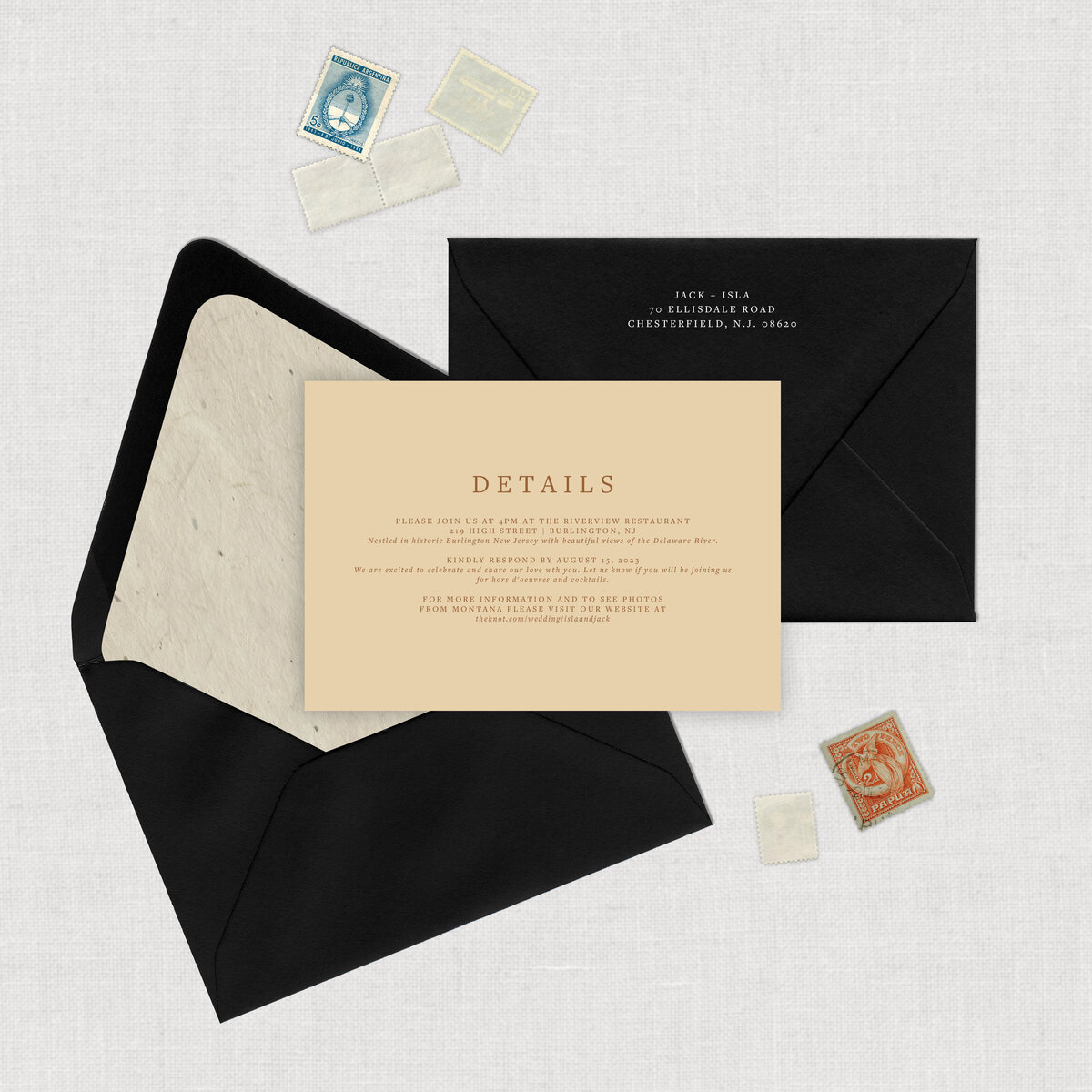 Wedding Elopement wedding invitation with black wedding mailing envelope and textured envelope liner with printed white addressing.