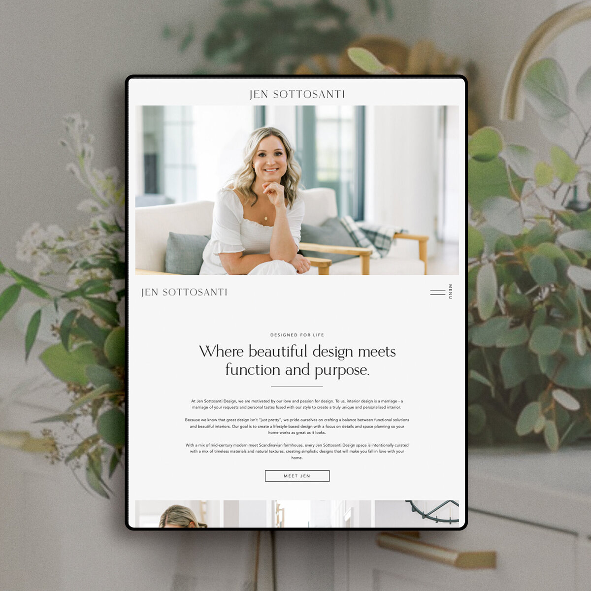 Image is of an Ipad mockup of a luxury interior designer's custom Showit webiste. Image features Jen Sottosanti, based in Sarnia, Ontario. Website designed by Marque Creative Studio, Showit website designer.