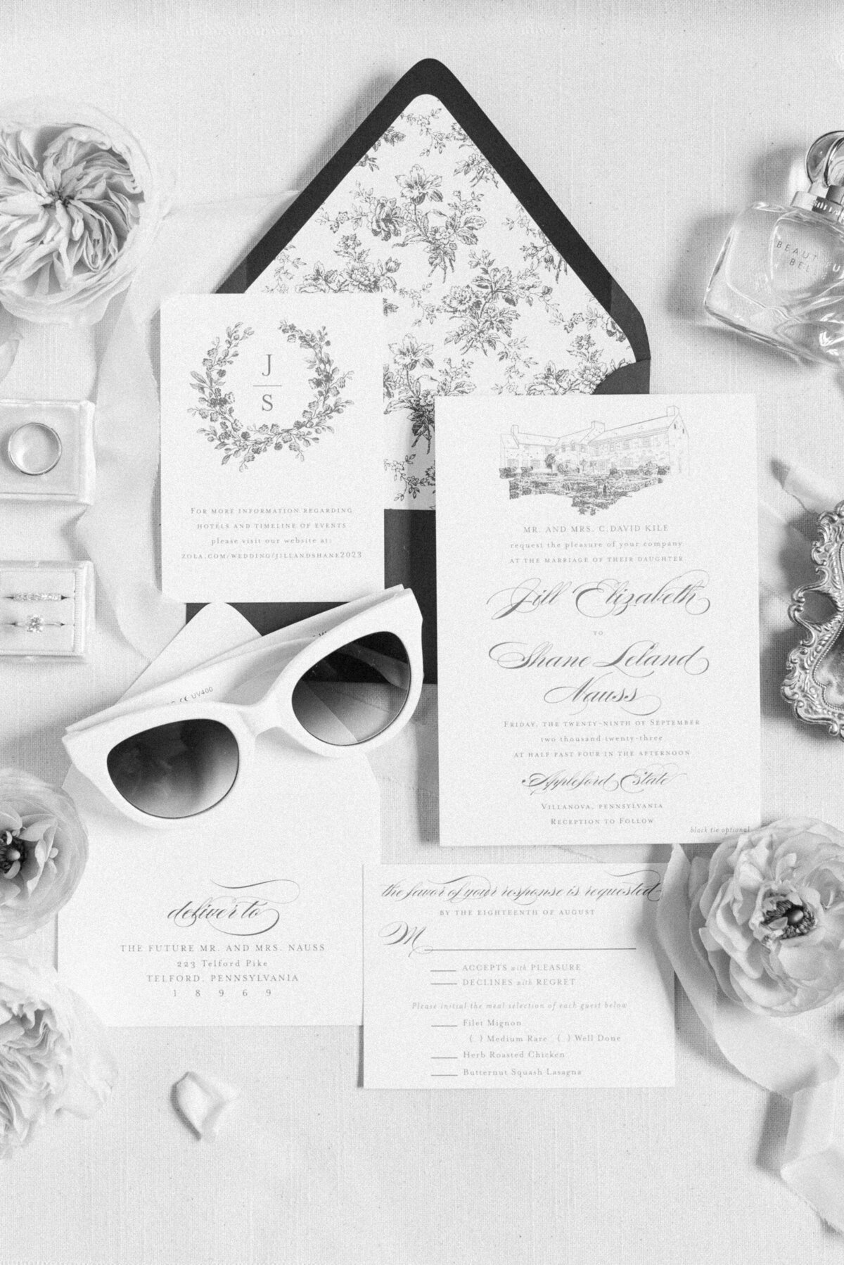 floral invitation suite with fun sunglasses for bride