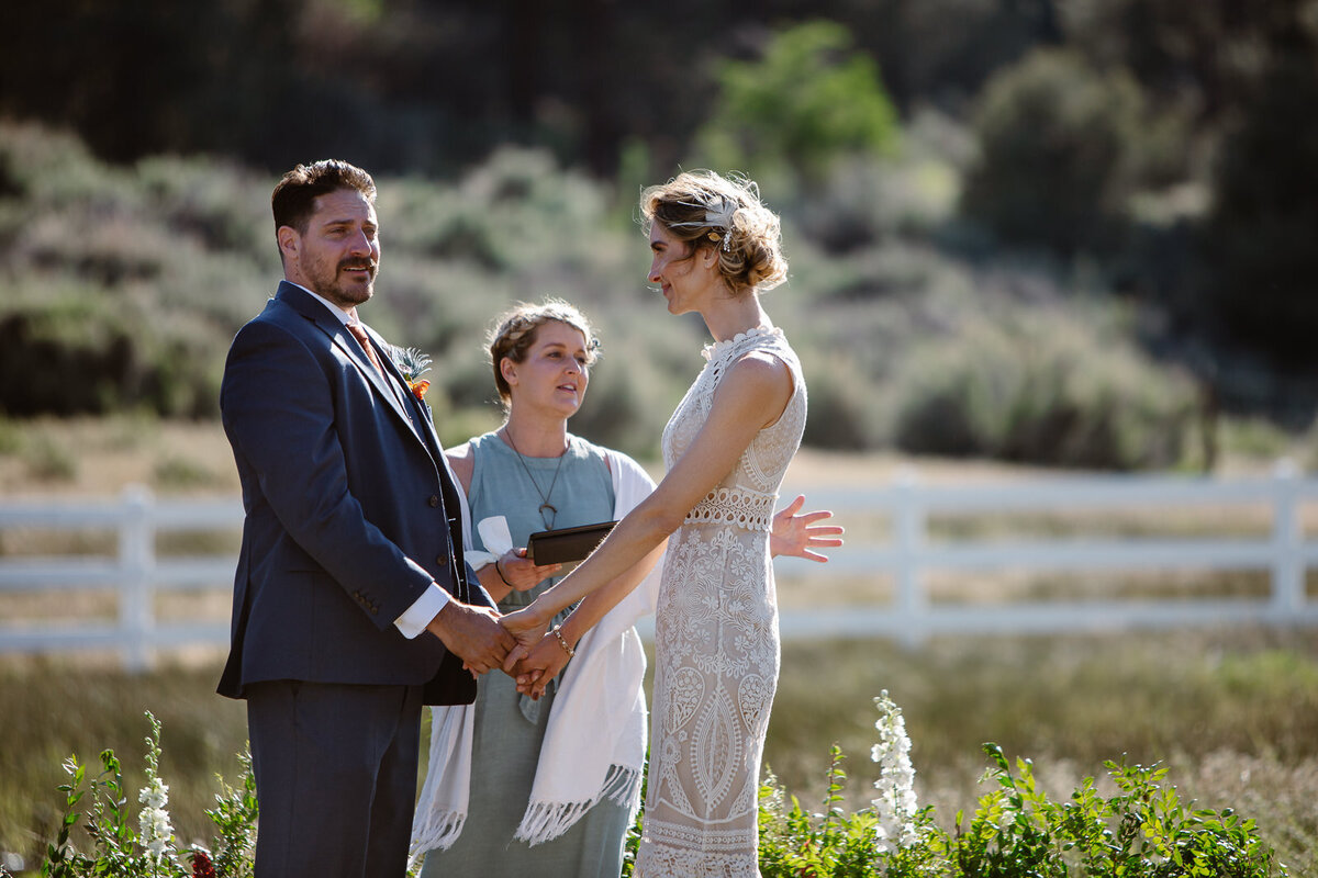 A couple holds hands during their wedding ceremony.
