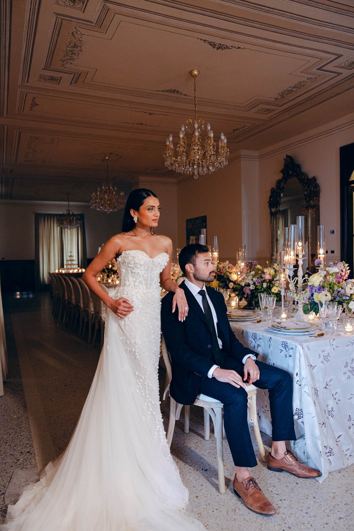A wedding day photo of the bride and groom at Villa Aura del Lago on Lake Como in Italy