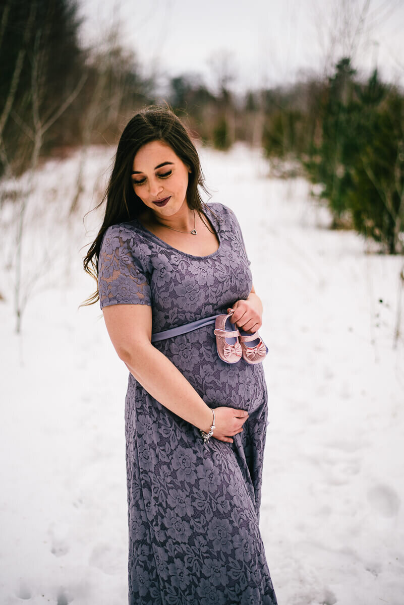 Expecting mom in lavender maternity gown for Toronto maternity photography