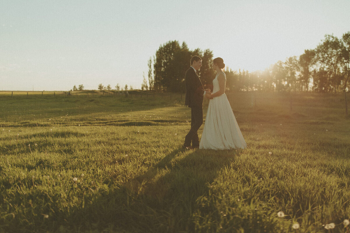 bride and groom standing together in a field at sunset