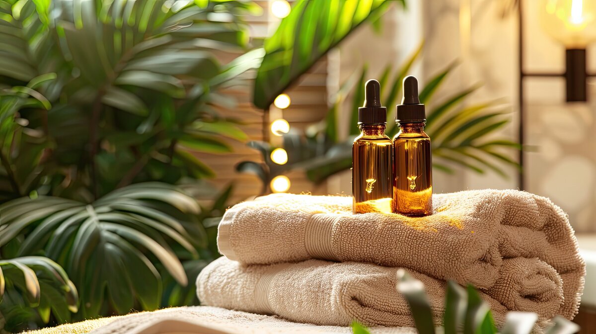 Two amber dropper bottles placed on folded spa towels with lush greenery and warm lighting, capturing the luxurious, tranquil atmosphere of Ember to Sage