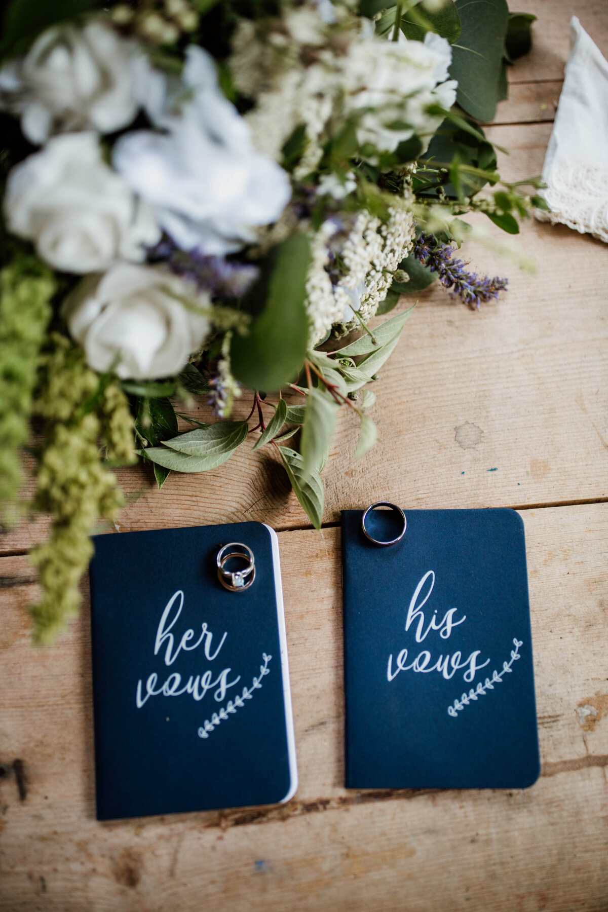 wedding details, flowers, rings and his and hers vow books