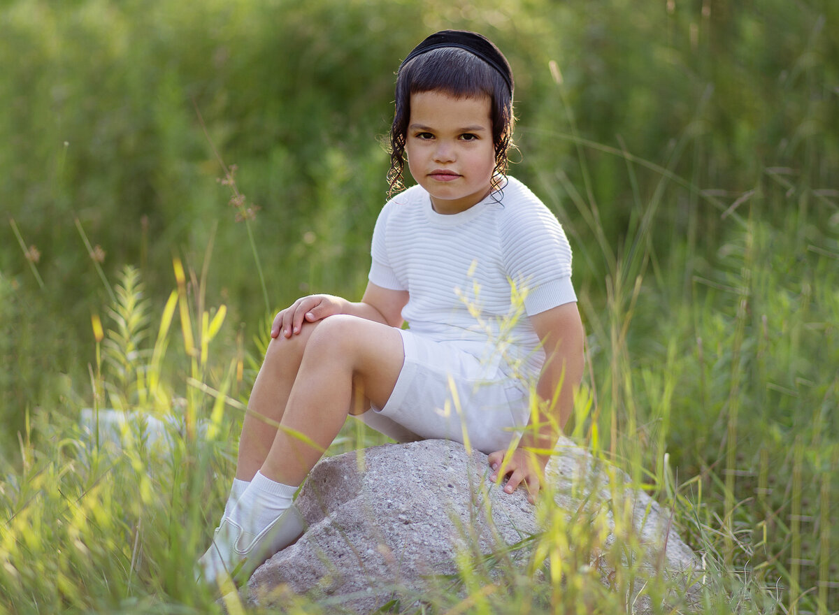 Little boy sits atop of a rock for a brooklyn family photoshoot. He is looking at the camera with an intent glare. Image captured at golden hour. Captured by Chaya Bornstein, Brooklyn Family Photographer