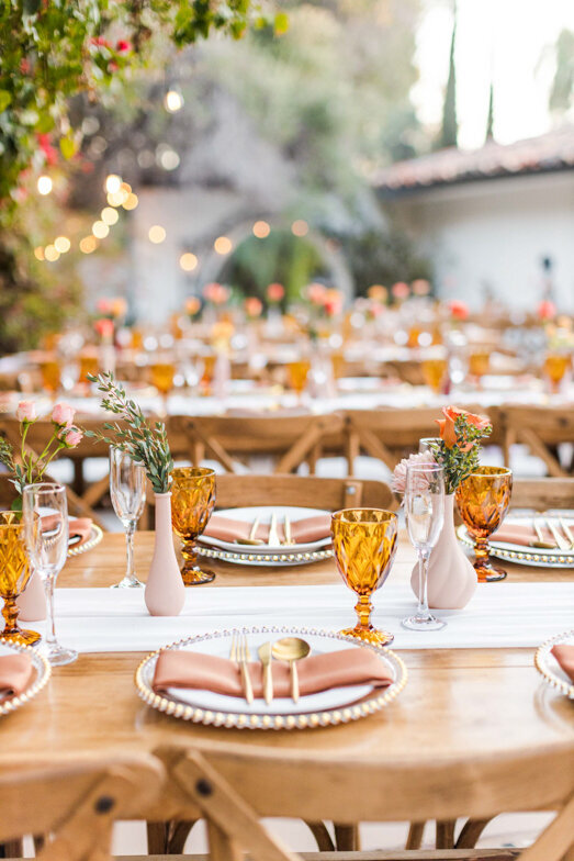 amber and taupe placement settings at a San Diego wedding