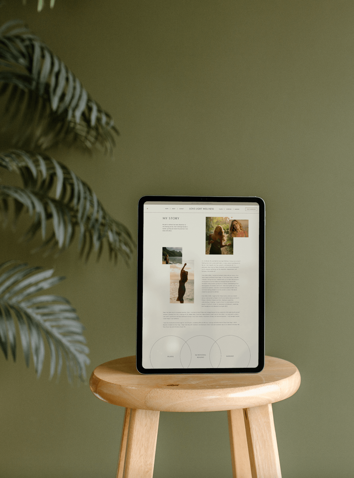 Website about page mockup featuring natural imagery and minimal design elements 