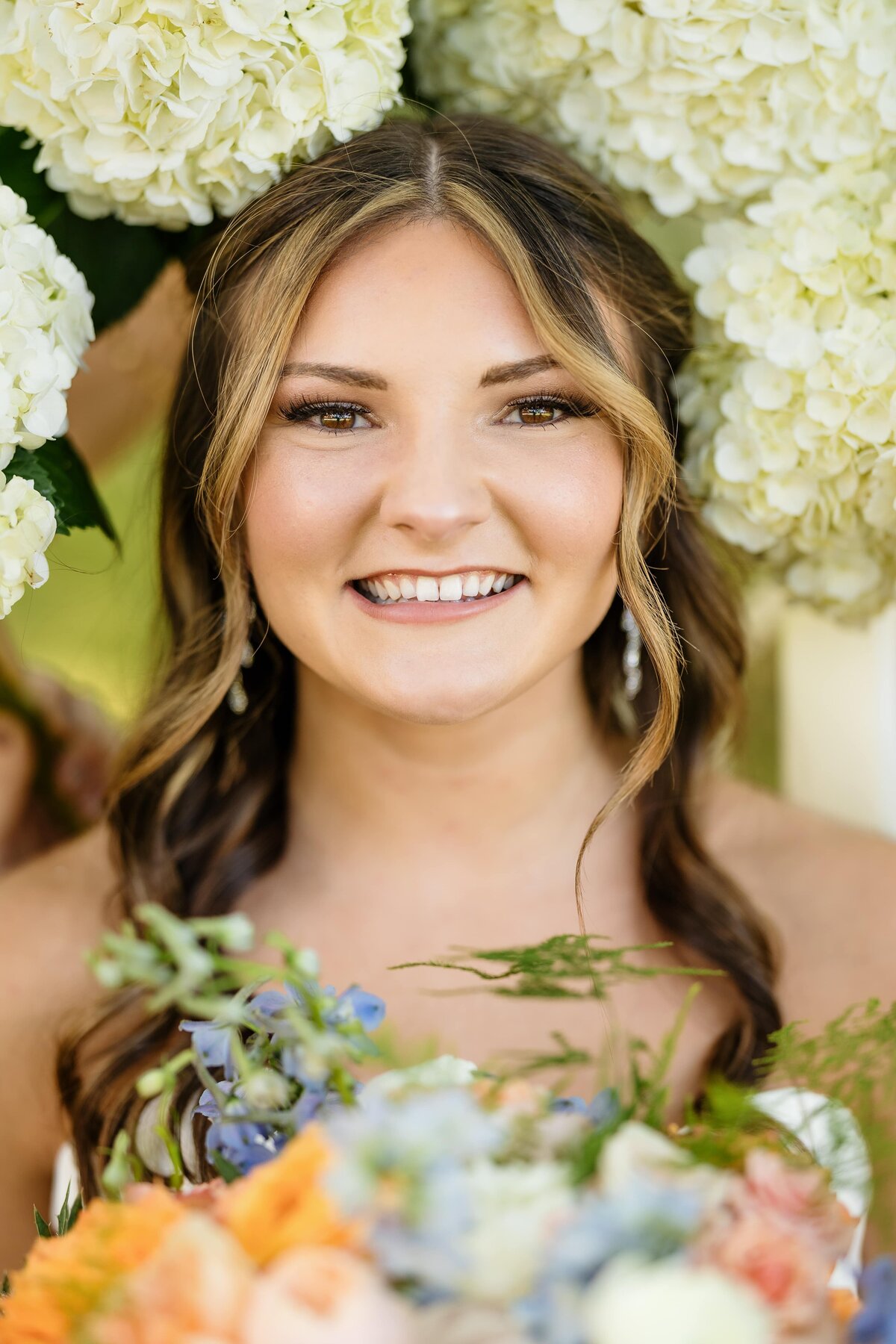 Bride holds bouquet around face