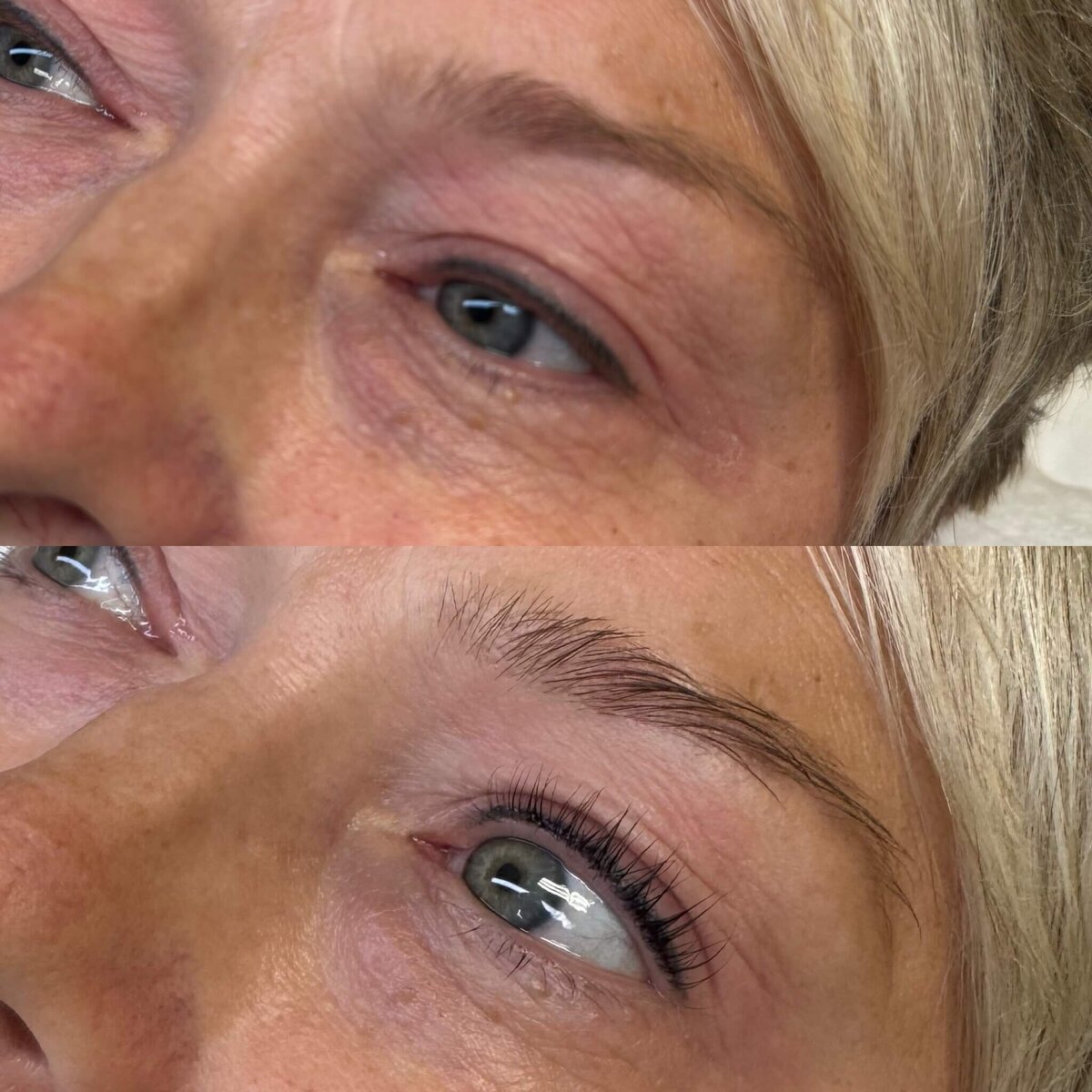 Beautiful transformation of a woman's lashes after getting them lifted at a beauty studio near Green Bay, Wi