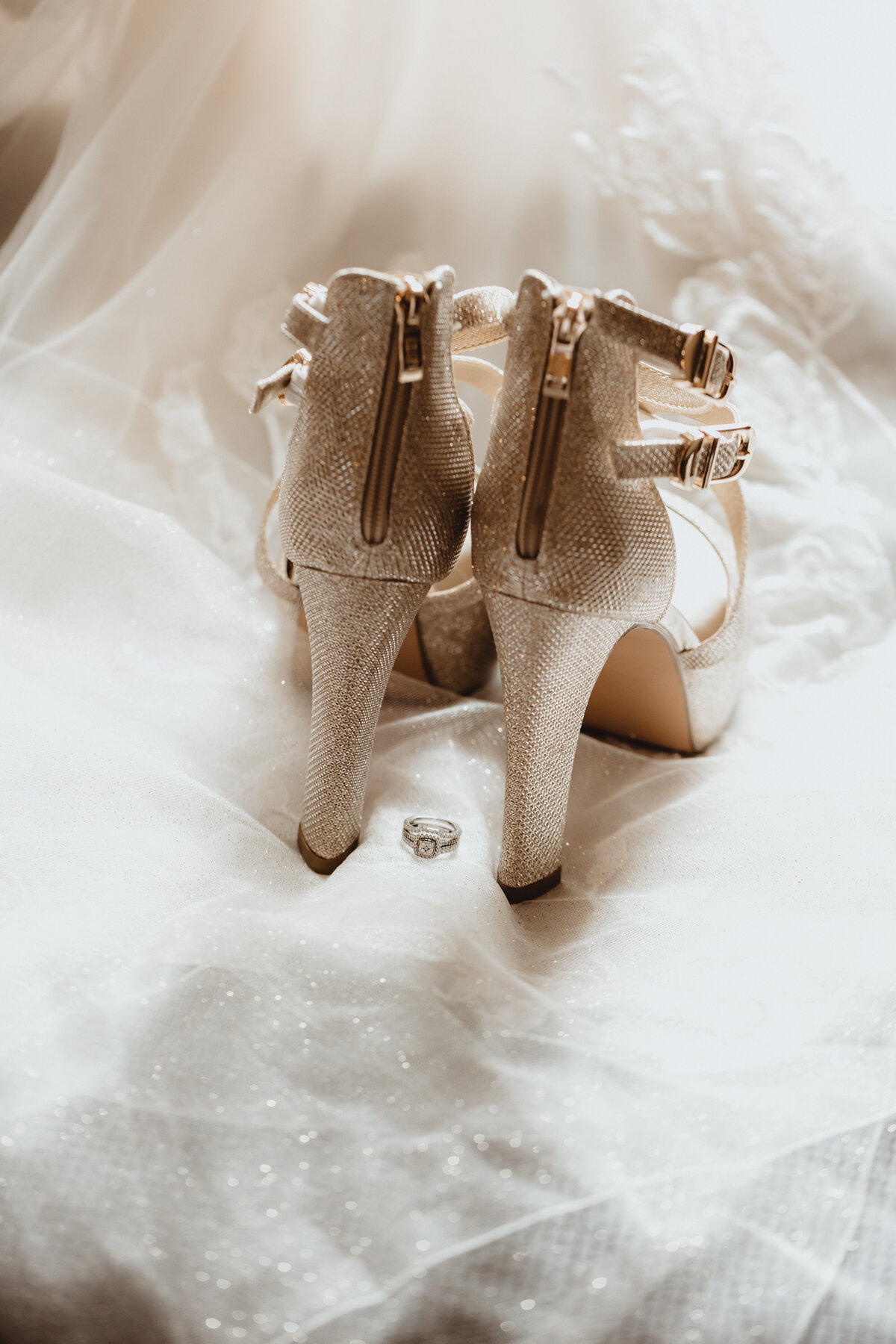 WEDDING DAY DETAILS SHOES RING GOWN TRAIN VEIL