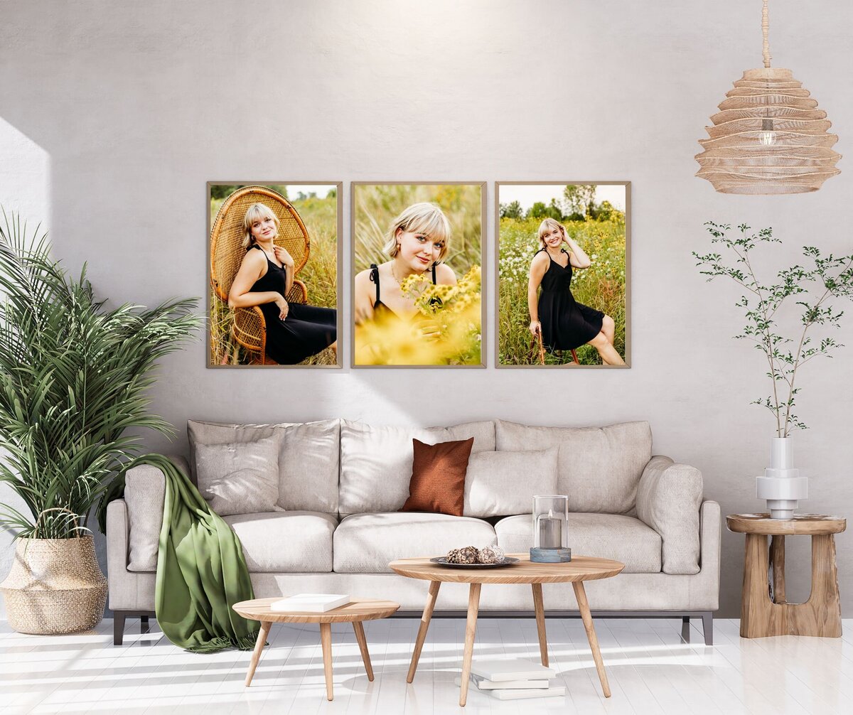 modern living room with three senior photos of a girl in a black dress hanging on the wall above the couch