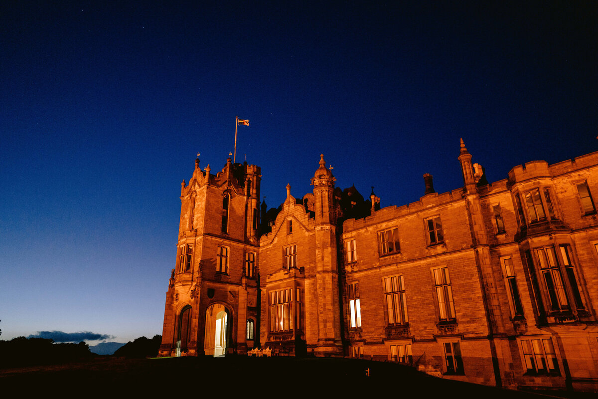 night time photo of allerton castle in winter