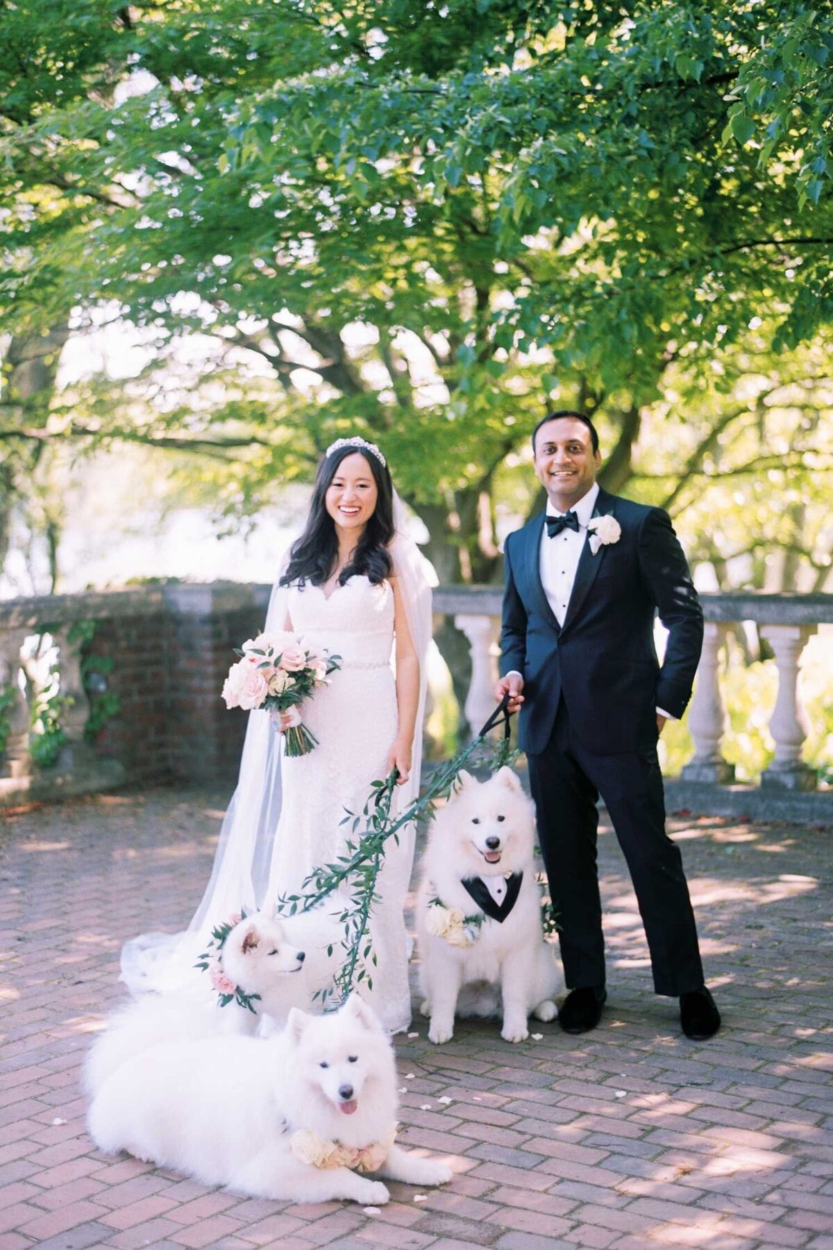 Bride and Groom Portrait with Dogs at Luxury Chicago North Shore Garden Wedding Venue
