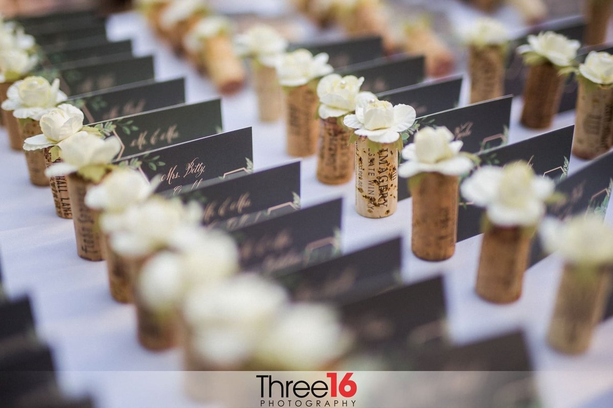 Corked name plates for wedding reception