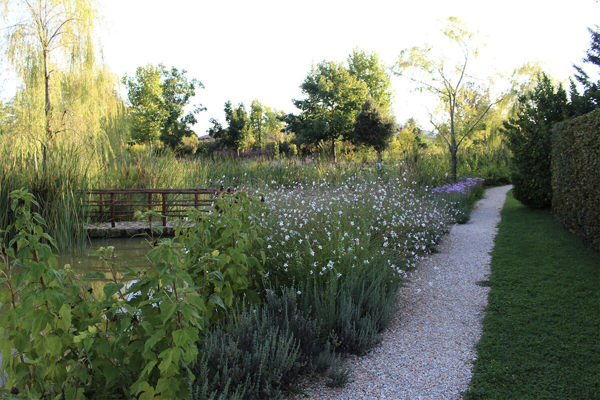 A garden path beside a pond at Borgo Santo Pietro
